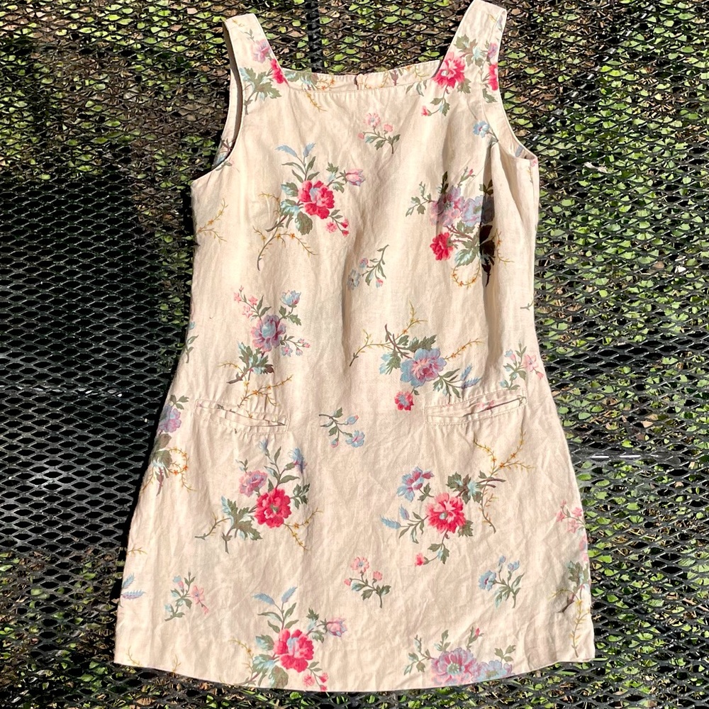 Vintage floral linen mini dress pockets size 4 small retro summer vacation dress